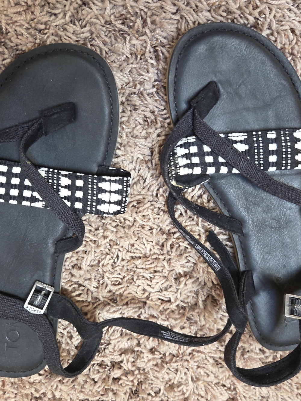 Toms Black Sandals with White Patterned Accent